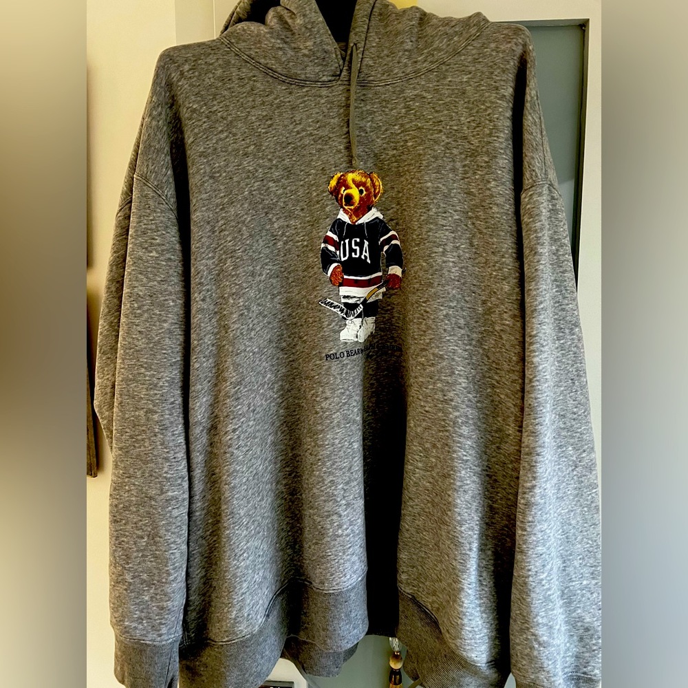 Polo Ralph Lauren Hoodie,grey with pocket Polo Bear collection . Sold as is .
